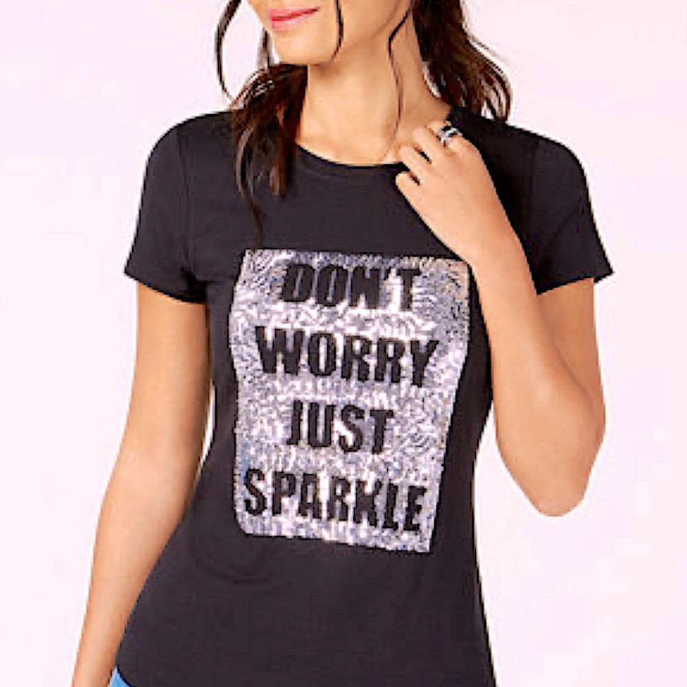 INC Don't Worry Just Sparkle Silver on Black Stretchy T Top EUC AMPLE XS fits S